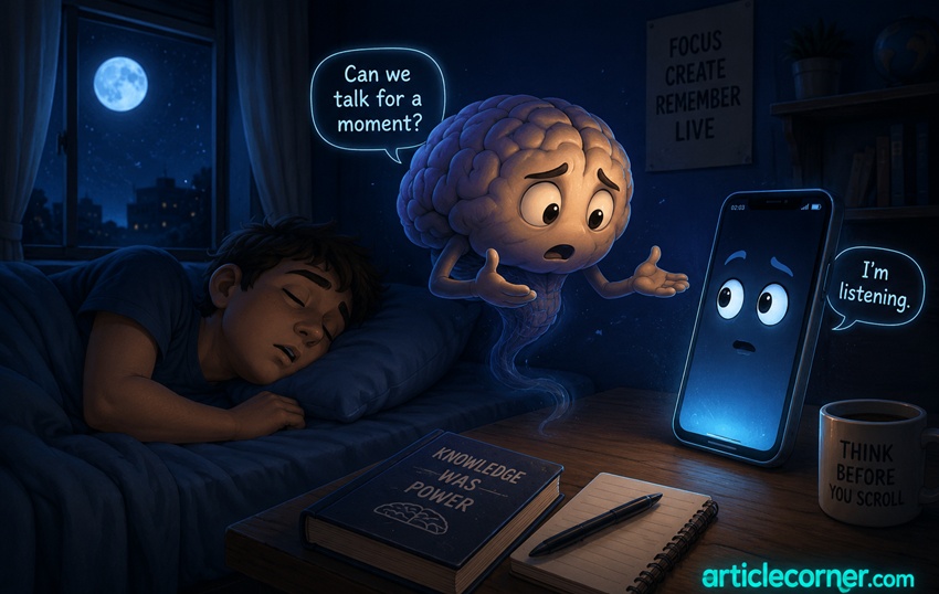 A sleeping person's brain talking to a smartphone in a nighttime bedroom, symbolizing technology, memory, and the human mind - ArticleCorner fiction story