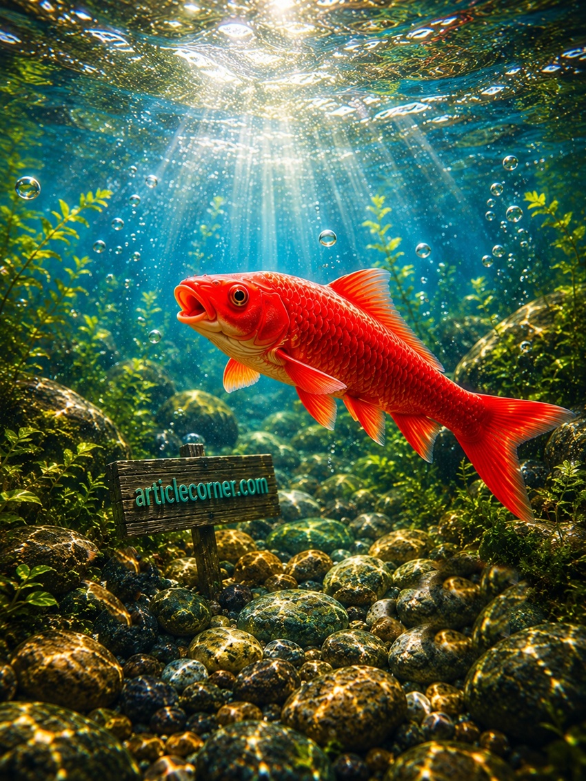 Bright red goldfish happily swimming beyond its comfort zone in a crystal-clear river, symbolizing freedom, growth and new opportunities ArticleCorner.com