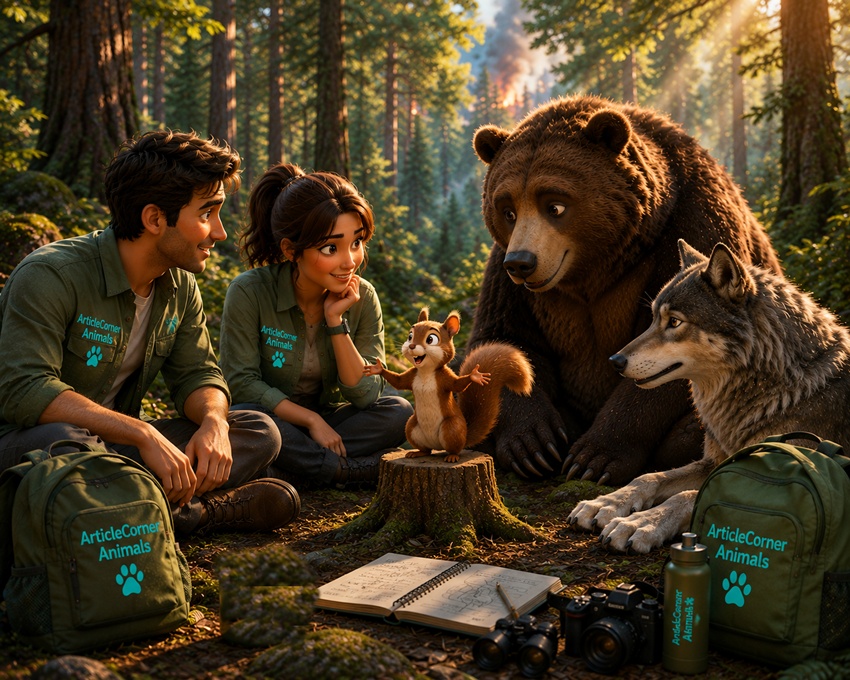 ArticleCorner Animals team talking with a squirrel, bear and wolf in the forest about wildfires-articlecorner.com