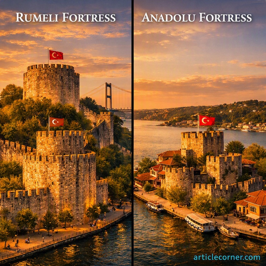 Aerial split portrait of Rumeli Fortress and Anadolu Fortress in Istanbul during sunset, featuring Turkish flags and Bosphorus scenery, created for articlecorner.com