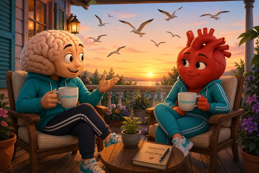ArticleCorner animated illustration featuring the Brain and the Heart discussing true freedom over coffee on a peaceful veranda with seagulls flying across the sky.