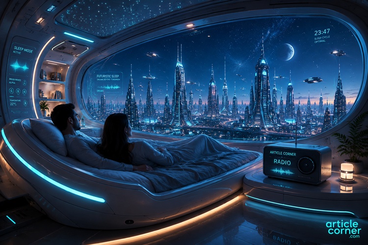 Futuristic sleep room with a couple watching a futuristic city and ArticleCorner Radio-articlecorner.com
