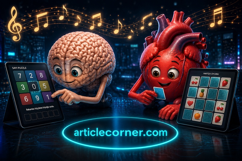 Brain solving a number puzzle while a heart plays a memory matching game with relaxing music on ArticleCorner.com to promote cognitive training and mental wellness.