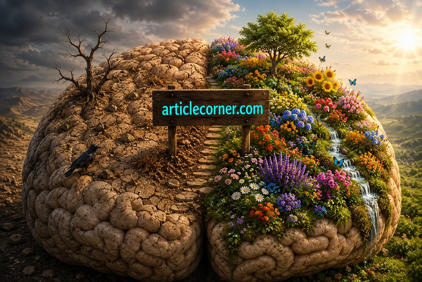 A human brain divided into two worlds, one dry and barren, the other filled with colorful flowers, symbolizing how thoughts shape the mind | articlecorner.com