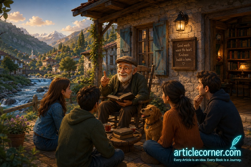 ArticleCorner illustration of a retired librarian grandfather giving life advice to young visitors in a peaceful mountain village beside a river with his loyal dog.