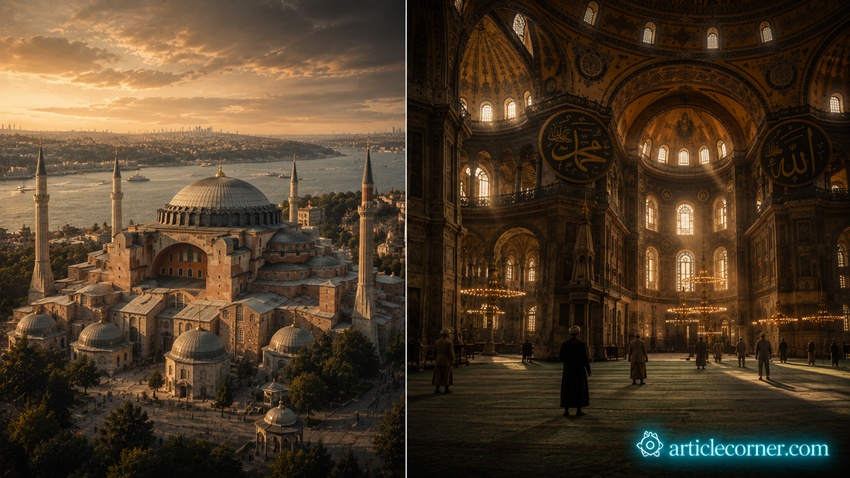 Interior and exterior views of Hagia Sophia, created by ArticleCorner Istanbul-articlecorner.com