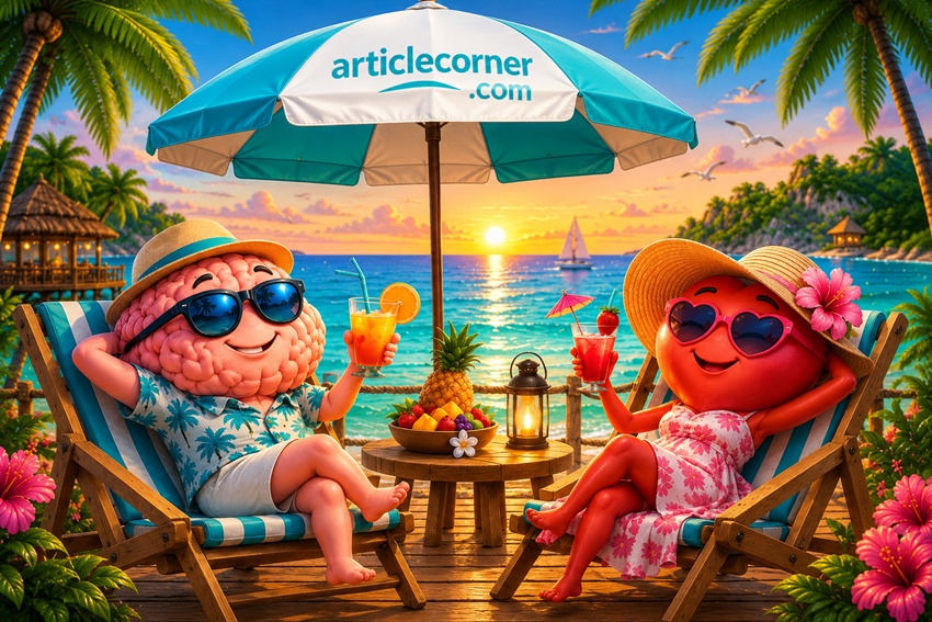 Brain and heart enjoying a tropical beach vacation at sunset, relaxing together under an ArticleCorner.com umbrella in a cheerful 3D illustration about mental wellness, emotional balance, rest and creativity.