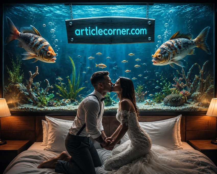 The newly married couple is in the hotel's honeymoon suite. The fish in the aquarium in the room are looking at them-articlecorner.com
