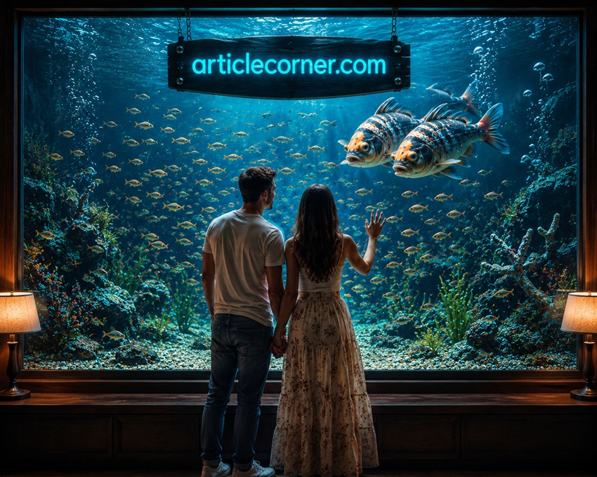 ArticleCorner honeymoon story featuring a couple watching two large fish and hundreds of baby fish inside a romantic aquarium-articlecorner.com
