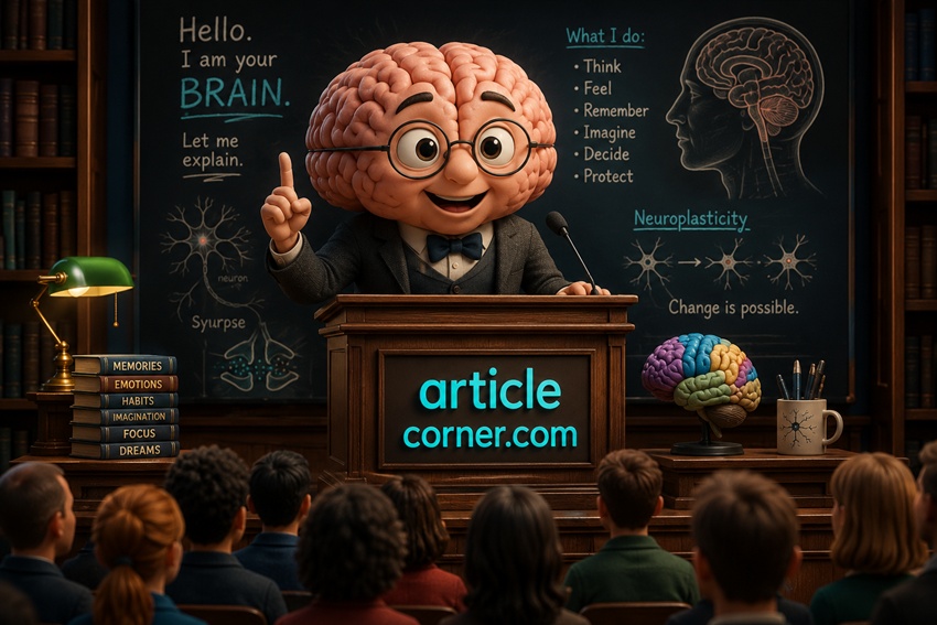 A friendly brain dressed as a university professor explaining how the human brain works from a lecture podium featuring the turquoise articlecorner.com logo