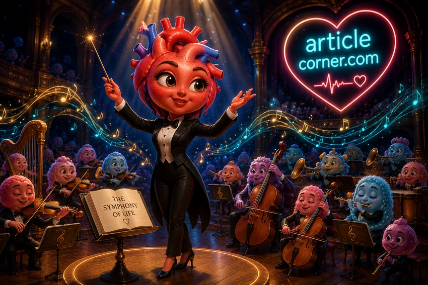 Animated female heart conducting the symphony of life with a colorful orchestra representing the human circulatory system | articlecorner.com
