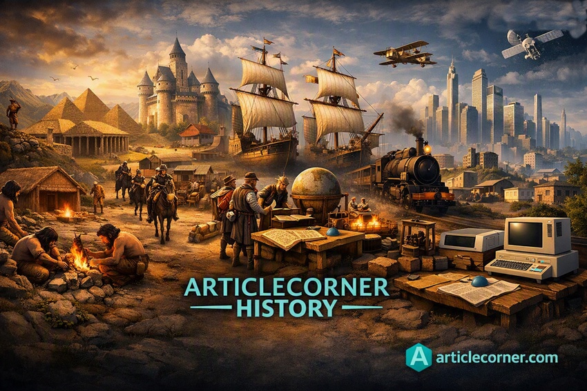 Cinematic 3D panorama showing humanity’s journey from ancient pyramids to modern skyscrapers for ArticleCorner History - articlecorner.com