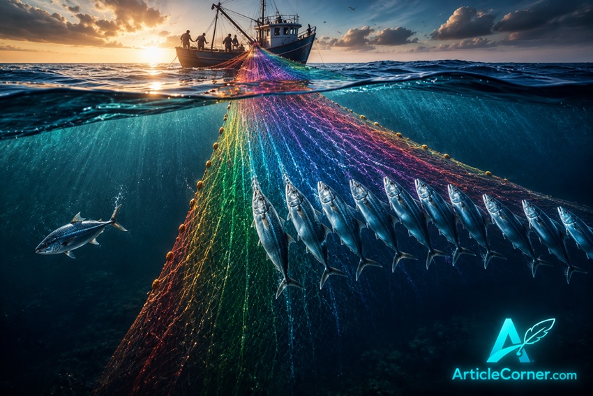 ArticleCorner herd mentality illustration showing fish following a colorful fishing net and two fish choosing a different direction-articlecorner.com
