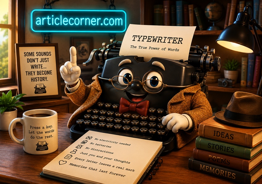 Vintage typewriter character in a 3D animated style wearing a tweed jacket and bow tie, representing the timeless power of writing and creativity with the ArticleCorner.com logo