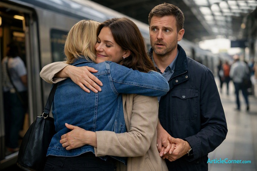 A photorealistic and cinematic farewell scene set in a modern train station; as two women embrace, one of them secretly holds the hand of her friend's husband behind her back; an image depicting deception and betrayal-articlecorner.com