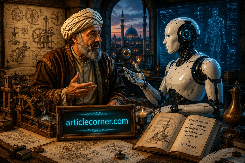 Al Jazari discussing robotics and artificial intelligence with a modern humanoid robot in a visionary workshop, featured by ArticleCorner.