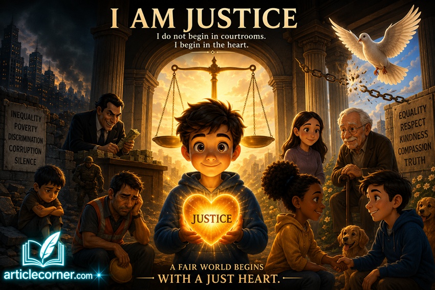 Animated illustration of Justice holding a glowing heart as a symbol of fairness, equality, and hope, with the illuminated ArticleCorner.com logo in a cinematic scene.