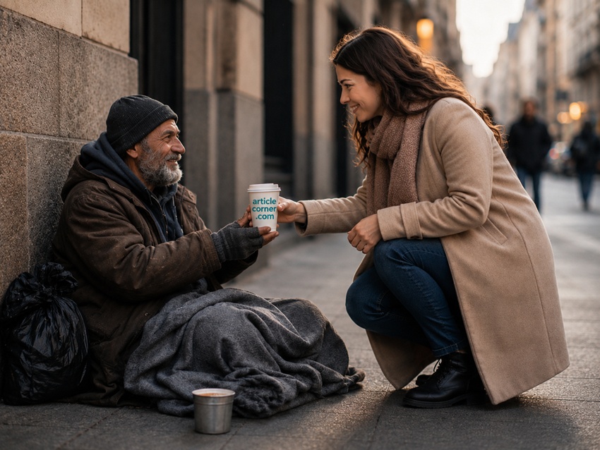 A woman offering a warm drink to a homeless man, symbolizing the healing power of kindness | ArticleCorner.com
