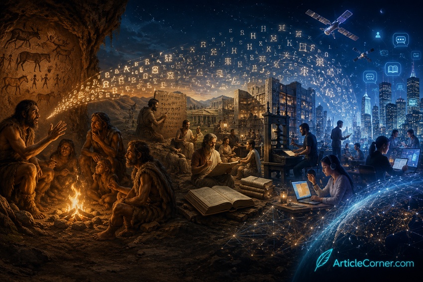 The evolution of human language from prehistoric communication to modern civilization. Original illustration by ArticleCorner.