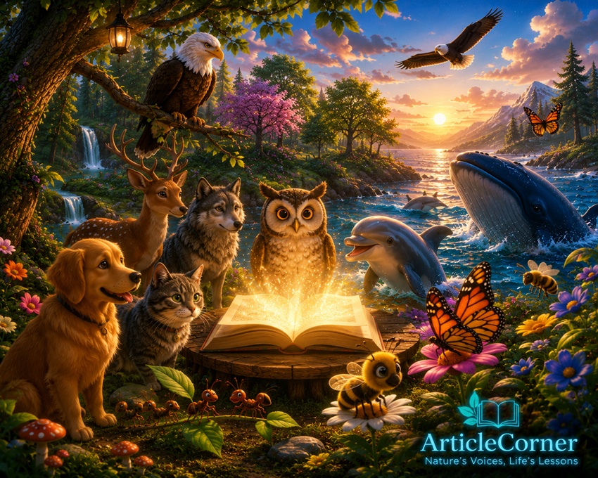 ArticleCorner Learn Life from Me illustration featuring a magical forest, glowing open book, ocean, sky, whale, dolphin, eagle, owl, deer, wolf, dog, cat, flowers, and trees sharing nature's life lessons.