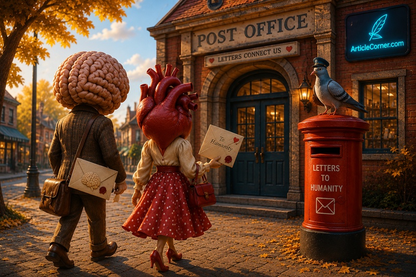 A Letter to Humanity from the Brain and the Heart. The brain and the heart are taking the letters they are holding to the post office. Article Corner Fiction Article