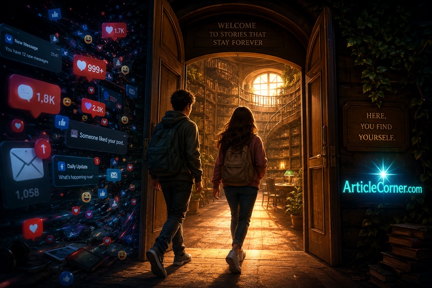 Animated illustration of a boy and girl walking through a library doorway, leaving social media notifications and likes behind as they enter a warm, magical library filled with books, symbolizing the journey from digital distraction to knowledge and inner peace, with a glowing ArticleCorner.com logo.