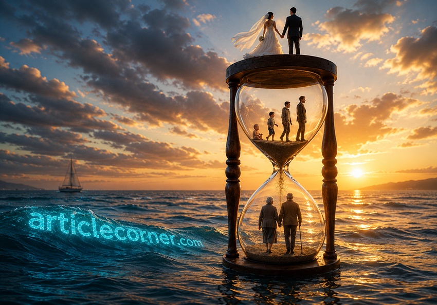 ArticleCorner.com life journey concept featuring a realistic hourglass on the sea, symbolizing childhood, adulthood, aging, memories, and the passage of time.