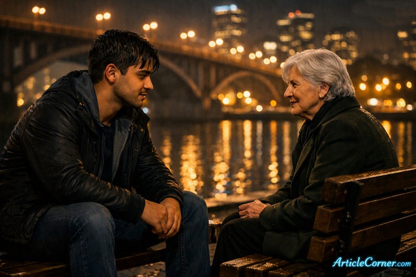 Fatih and an elderly woman sit on nearby benches by a river in a modern city at night, facing each other in conversation. Warm city lights reflect on the calm water and bridge behind them, creating a quiet, emotional atmosphere-articlecorner.com life story