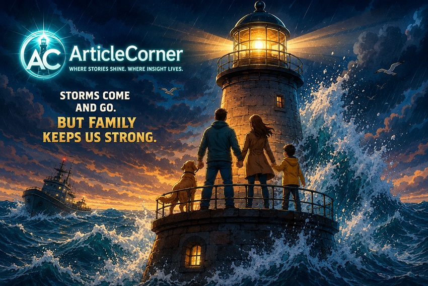 The Last Lighthouse Keeper illustration showing a family standing together on a lighthouse as powerful waves crash against the tower, guiding a ship through the storm and symbolizing family, resilience, hope, and life's greatest lessons by Article Corner.