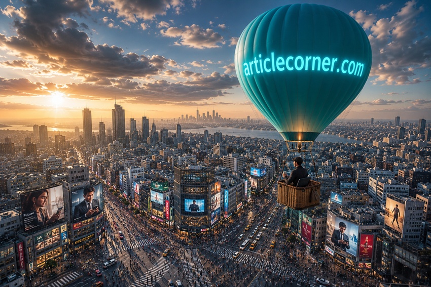 A person in a hot air balloon watches a busy city below, symbolizing conscious solitude and quiet reflection. ArticleCorner.com