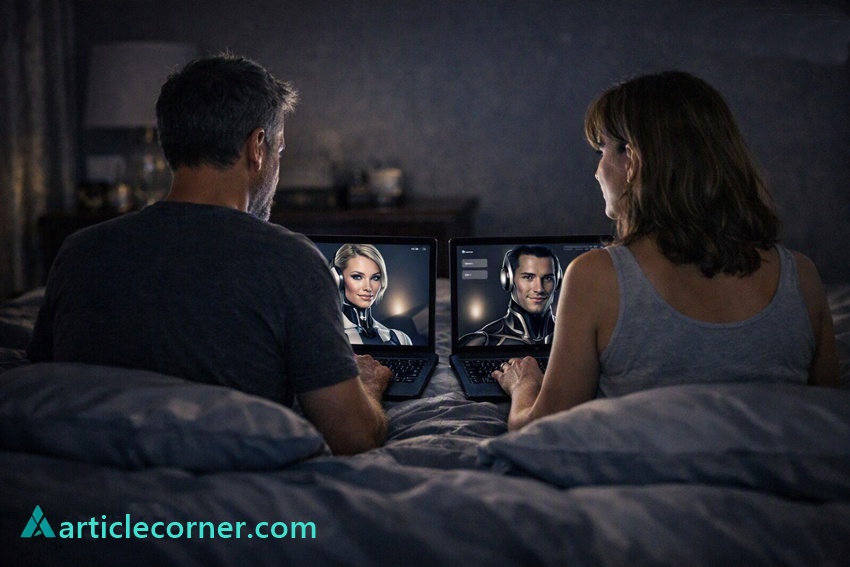 Couples sitting in bed are talking to artificial intelligence characters on their laptops. ArticleCorner: Describes an image depicting artificiality and emotion-articlecorner.com