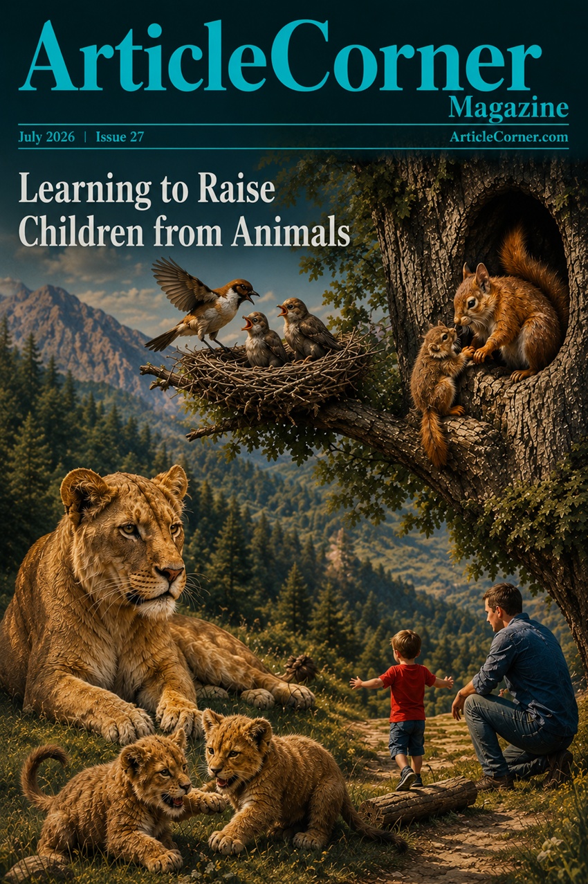 ArticleCorner Magazine cover featuring lessons on parenting inspired by animals in nature.
