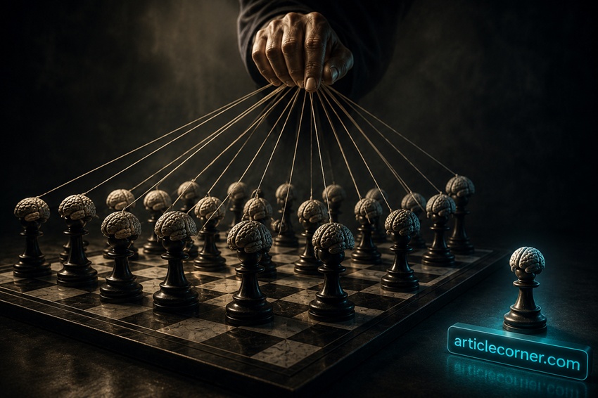Chess pieces with human brains controlled by strings symbolizing manipulation, mind control and independent thinking | articlecorner.com