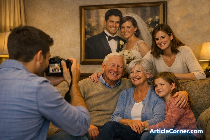 Multigenerational family in warm living room — elderly couple with grandchildren, young woman standing behind them, man crouching to take photo, wedding portrait on wall, ArticleCorner editorial illustration-articlecorner.com