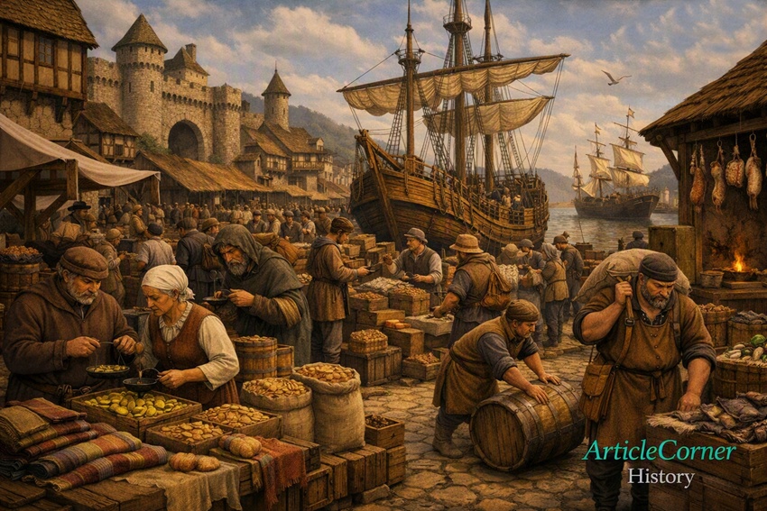 Realistic medieval port city scene with merchants, ships, and trade — ArticleCorner History.