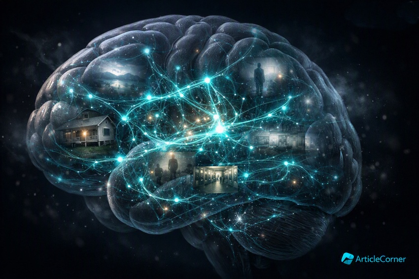 3D transparent human brain glowing with turquoise neural pathways, symbolizing memory formation and recall, with ArticleCorner logo in lower‑right corner - articlecorner.com