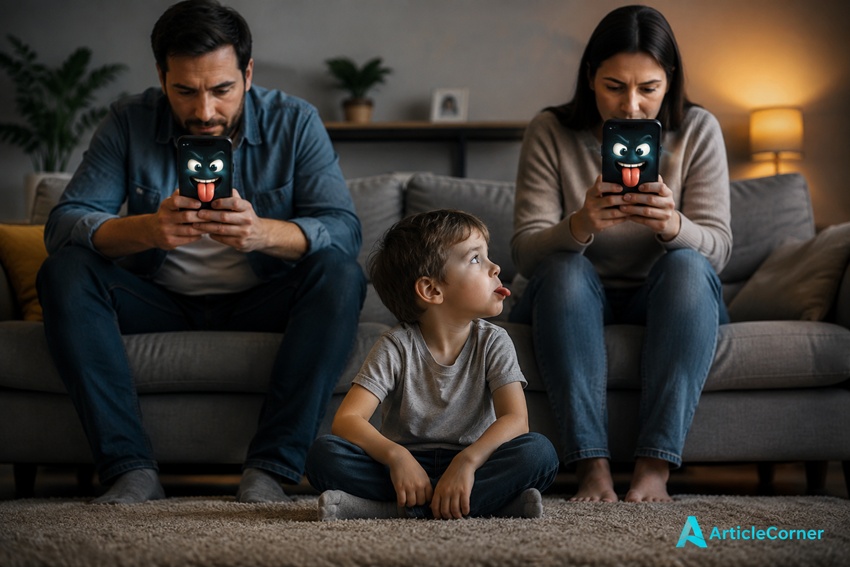 A small child seeks attention while his parents are occupied with their phones. Image credit: articlecorner.com (phone addiction).