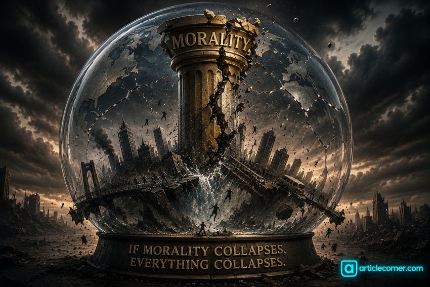 A cracked glass globe with a collapsing city and a shattered golden pillar labeled Morality, symbolizing the collapse of civilization without moral values. Article Corner illustration.