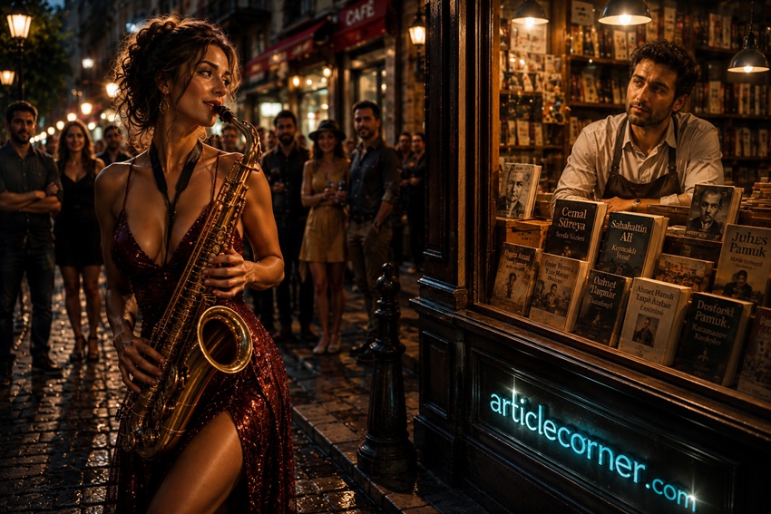 An image of a woman playing the saxophone in front of a bookstore—an Articlecorner love story.
