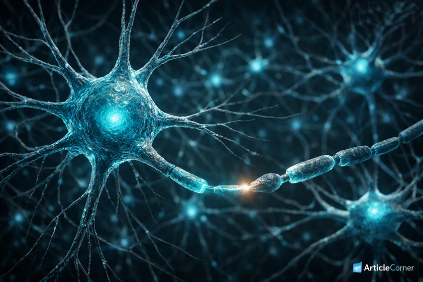 Cinematic 3D scientific visualization of human neurons showing a glowing turquoise neural network with a central neuron, dendrites, axon, and synaptic signal in a dark sophisticated environment — ArticleCorner educational hero image - articlecorner.com