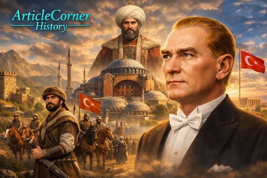 ArticleCorner History logo in turquoise at top left, cinematic 3D scene showing Turkish history from the Anatolian Beyliks to the Republic of Türkiye - articlecorner.com