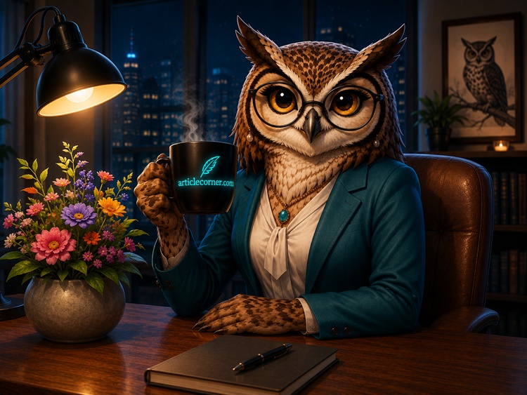 ArticleCorner Psychologist Owl Noctis offering life advice from her office with a glowing ArticleCorner.com coffee mug.