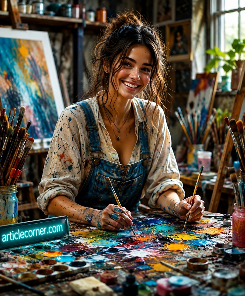 Smiling female artist creating a colorful painting in a creative art studio with brushes, vibrant colors and inspiration | articlecorner.com,painter women
