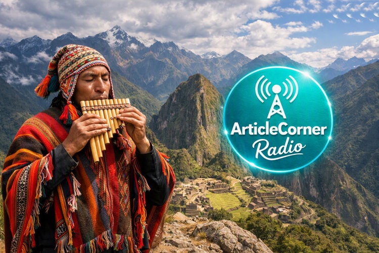 Andean musician playing a pan flute in the Peruvian mountains with a glowing turquoise ArticleCorner Radio logo beside him.