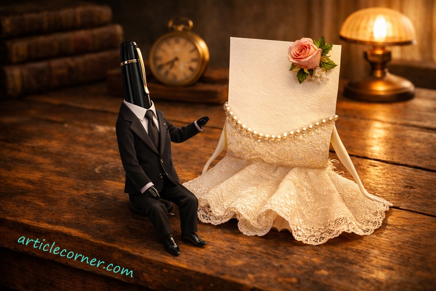 A fountain pen dressed as a gentleman sits beside a lace-dressed paper lady on a rustic wooden desk under warm light, symbolizing creativity and companionship. Original artwork by Article Corner-articlecorner.com