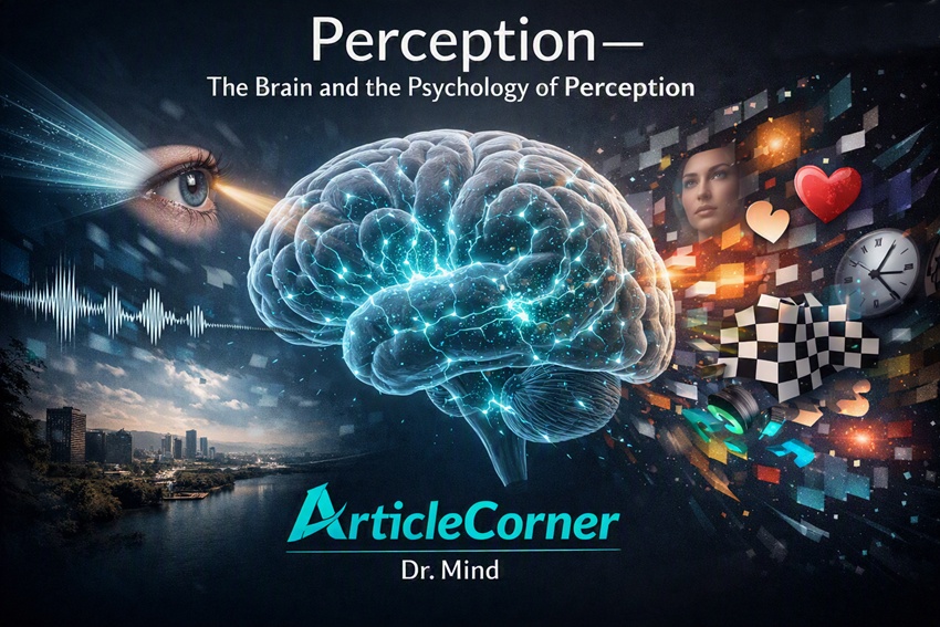 3D human brain perception visualization with glowing neural networks and turquoise ArticleCorner logo.