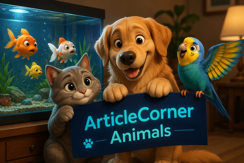 3D animated cat dog and bird beside an aquarium with fish watching through the glass and an ArticleCorner Animals sign-articlecorner.com