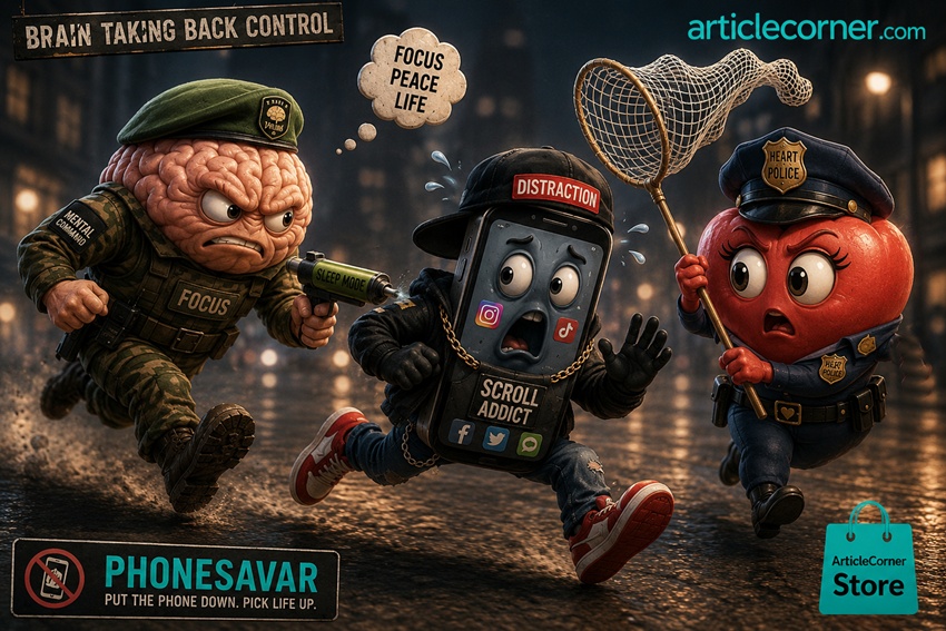 PHONESAVAR from ArticleCorner Store featuring a brain and heart police chasing an addicted smartphone-articlecorner.com
