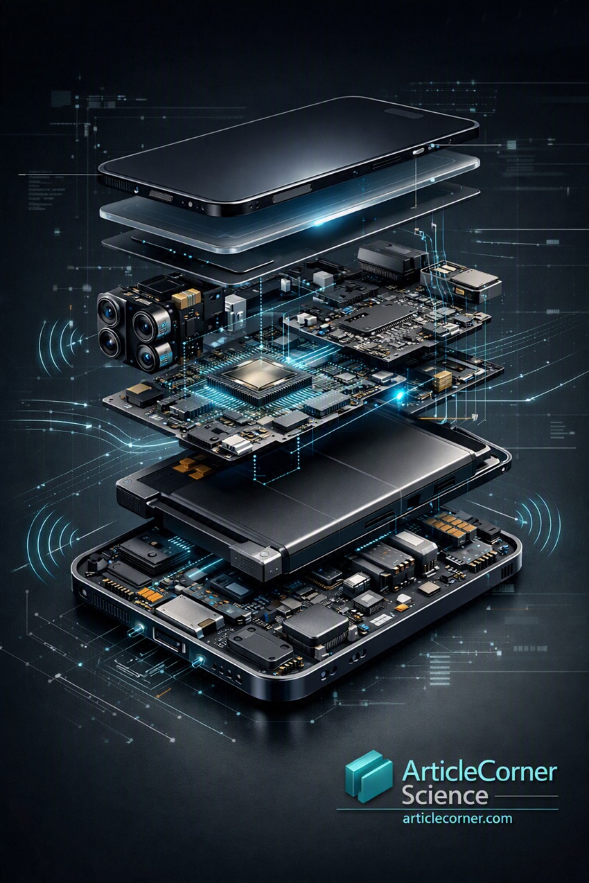 Exploded view of smartphone internal components showing processor, battery, camera, motherboard, and data flow — ArticleCorner Science technical illustration-articlecorner.com