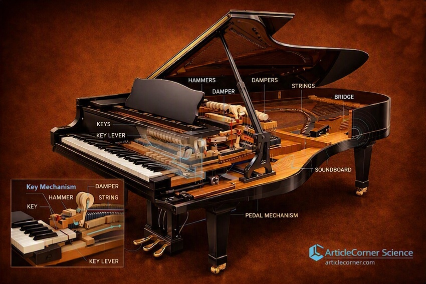 Highly realistic 3D technical cutaway illustration of a grand piano showing internal mechanism — keys, hammers, strings, soundboard, and pedal system — with turquoise technical lines and ArticleCorner Science branding-articlecorner.com